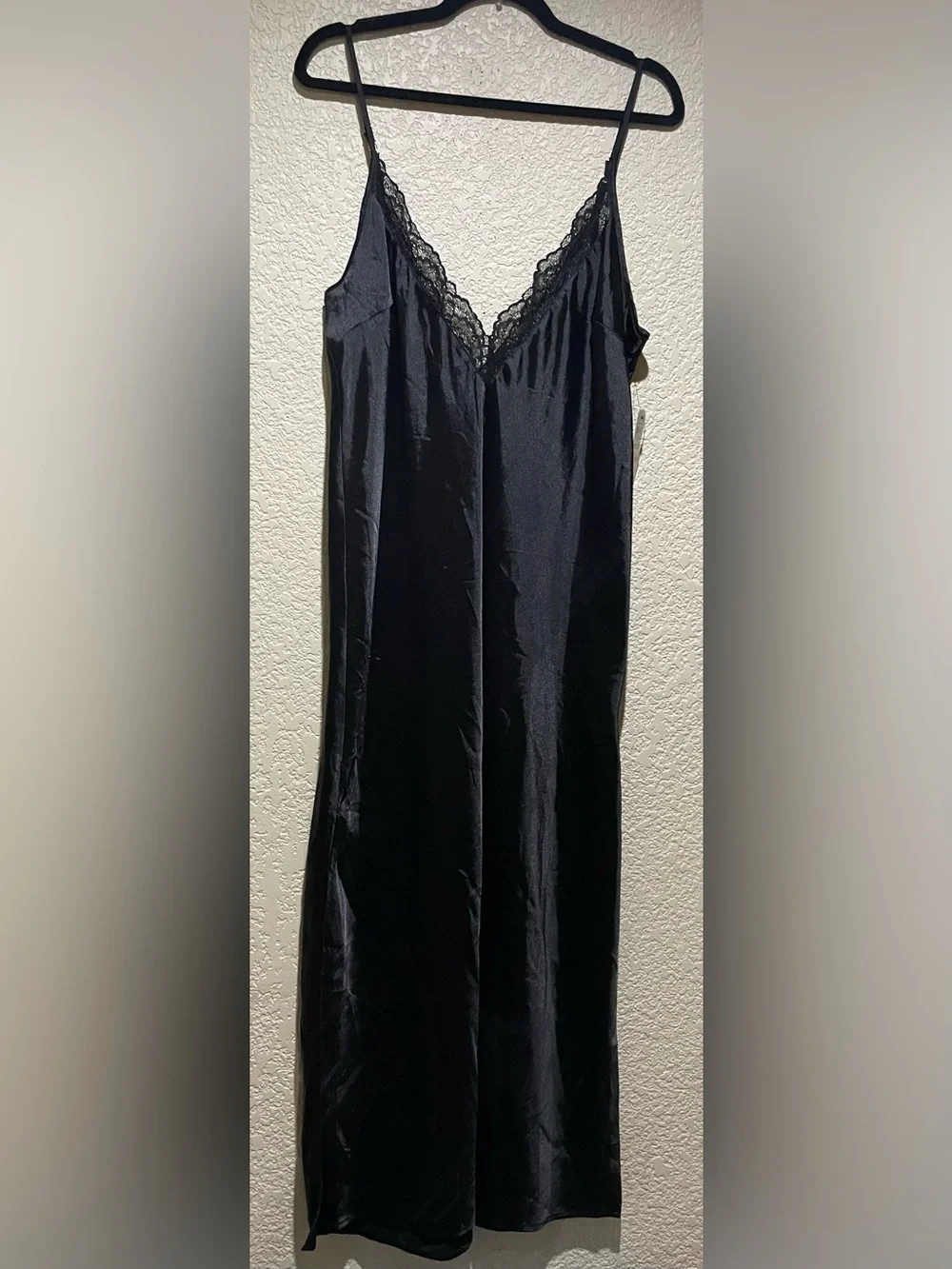 International Concepts Satin Like Lace-Trim Slip Long Nightgown Black Size M NWT